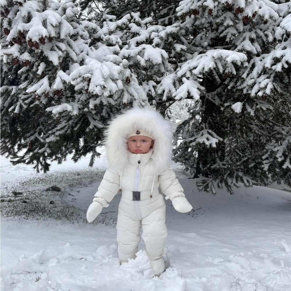 White real raccoon Fur-Trimmed Baby Snowsuit